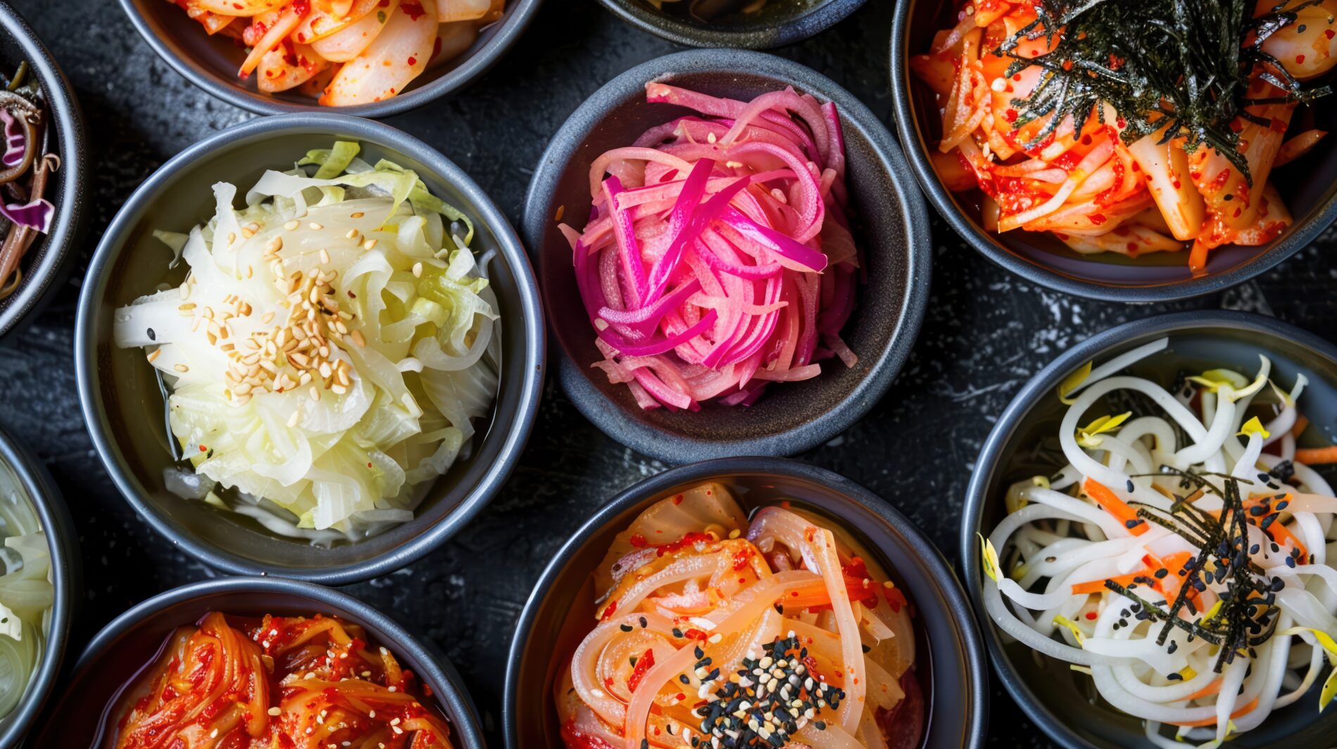 A Selection Of Fermented Foods Like Kimchi Sauerkraut A Selection Of Fermented Foods Like Kimchi Sauerkraut