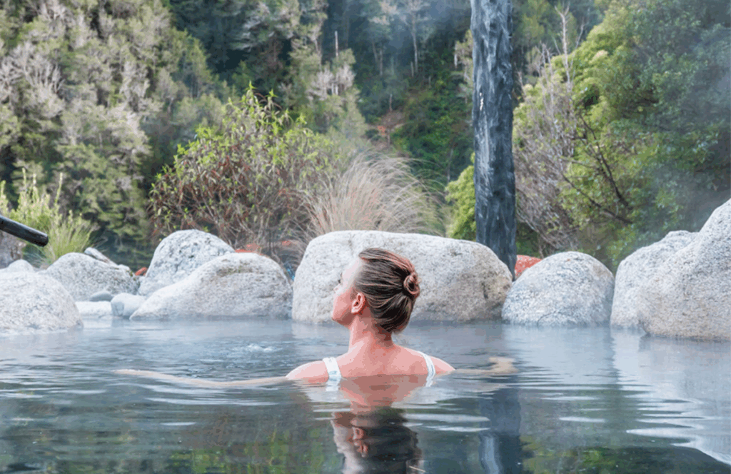 Nz Natural geothermal pools at Maruia Hot Springs in the Lewis Pass, set among native bush with a tranquil and secluded atmosphere.