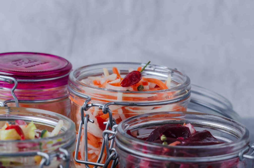 Traditional Fermented Foods Sauerkraut, Kimchi With Carrot, Beet, Brassica Rapa For Health And Disease Prevention.