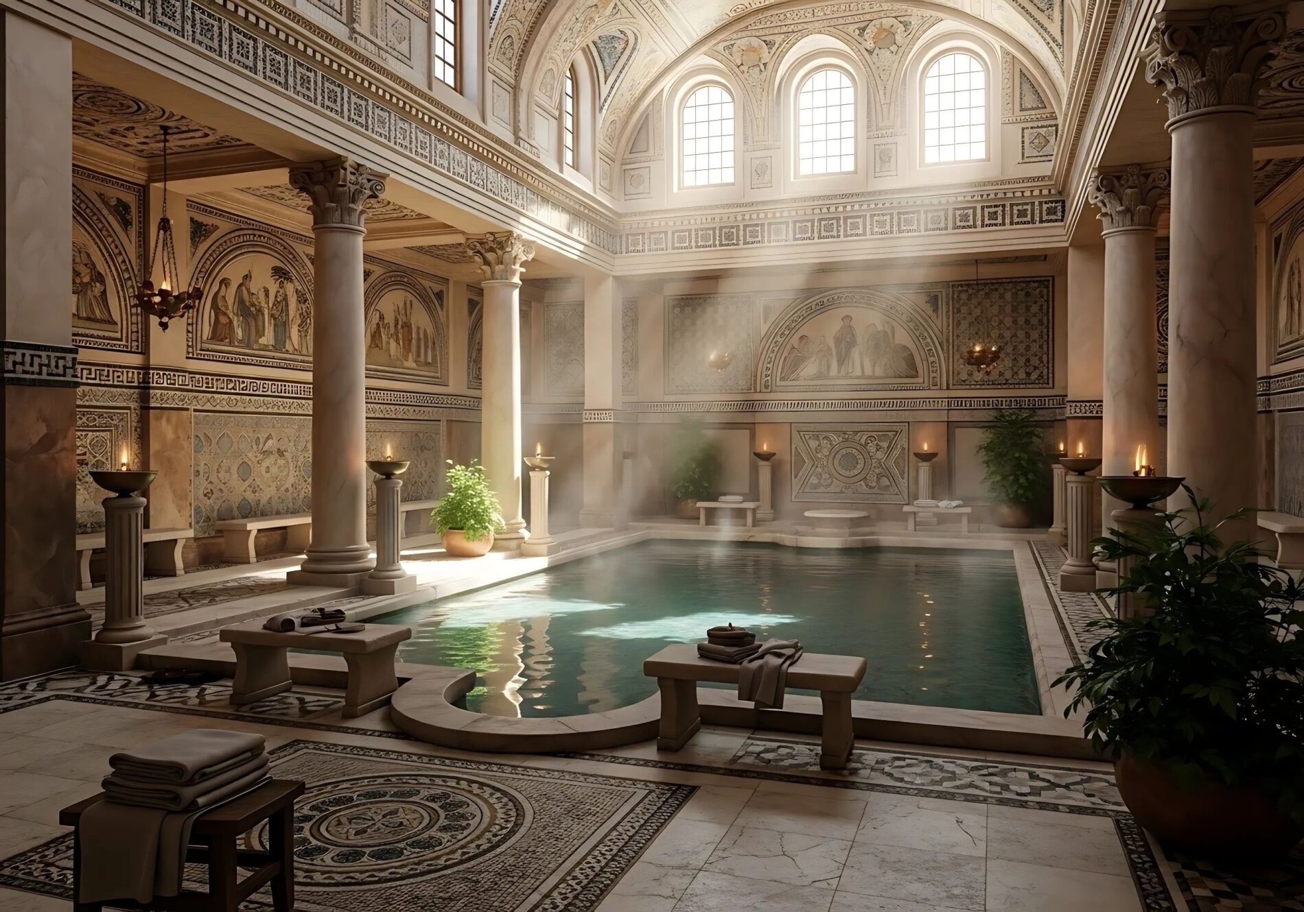 Interior Of An Ancient Roman Bathhouse With Steam Rising Interior Of An Ancient Roman Bathhouse With Steam Rising